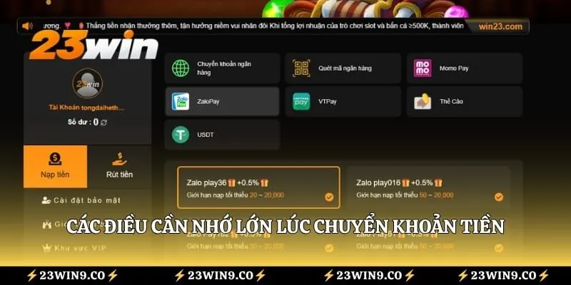 Nạp Tiền 23WIN 3 Các điều cần nhớ lớn lúc chuyển khoản tiền