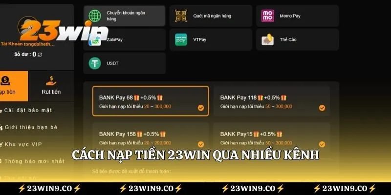 Cách nạp tiền 23WIN qua nhiều kênh