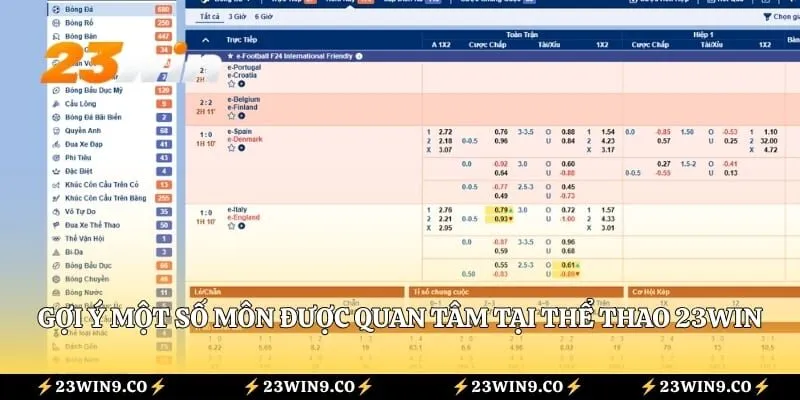 Gợi ý một số môn được quan tâm tại thể thao 23WIN